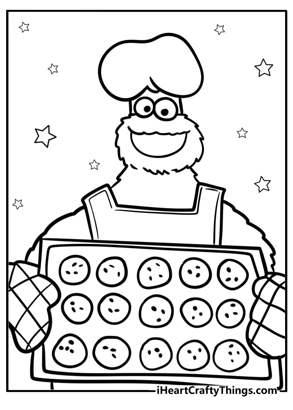 Cookie monster in the kitchen detailed coloring sheet