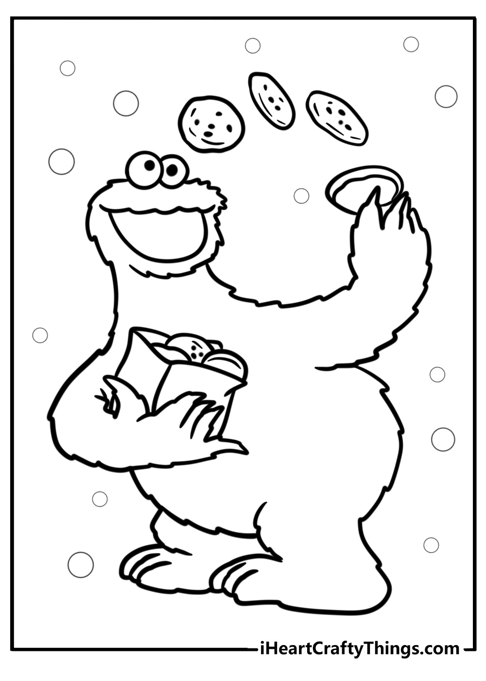 Cookie monster looking excited with cookies printable coloring page