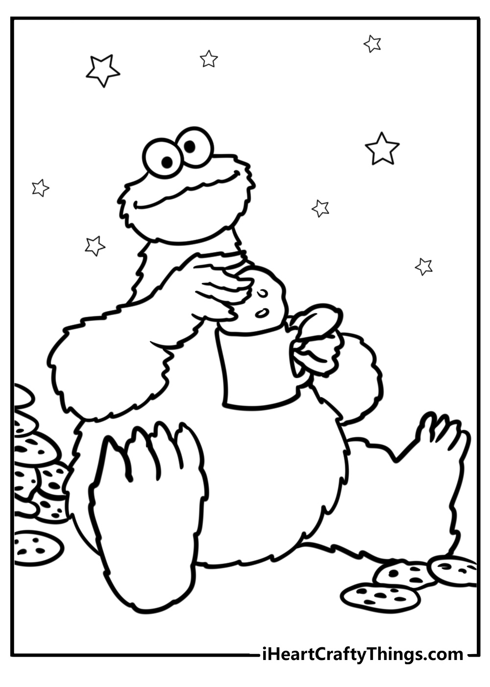 Cookie monster surrounded by cookies detailed coloring sheet