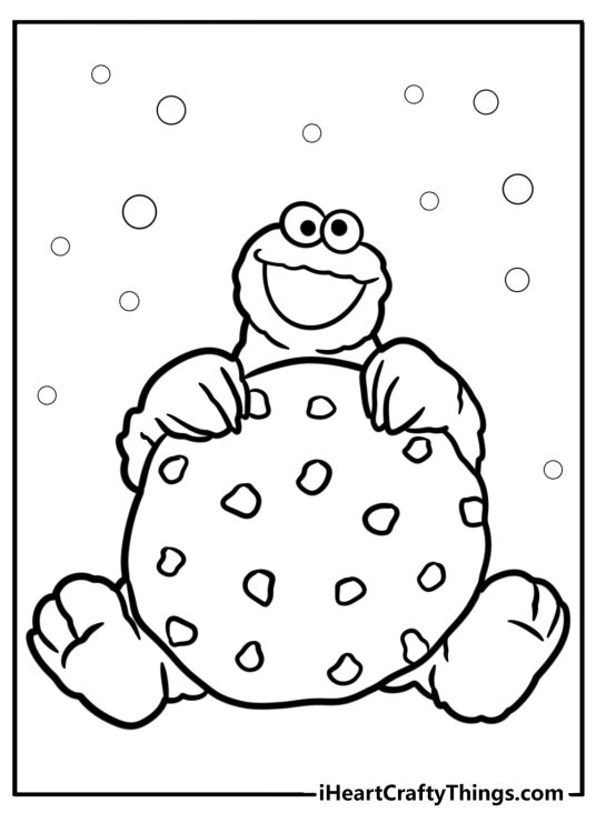 Cookie monster with a giant cookie printable coloring page