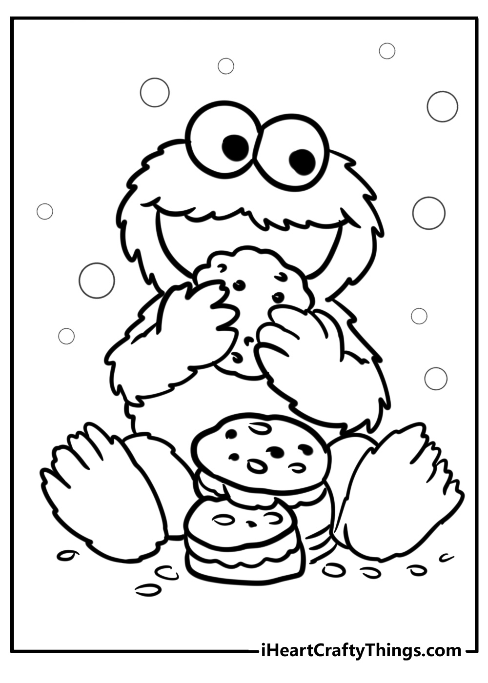 Cookie monster with a tower of cookies coloring page for kids