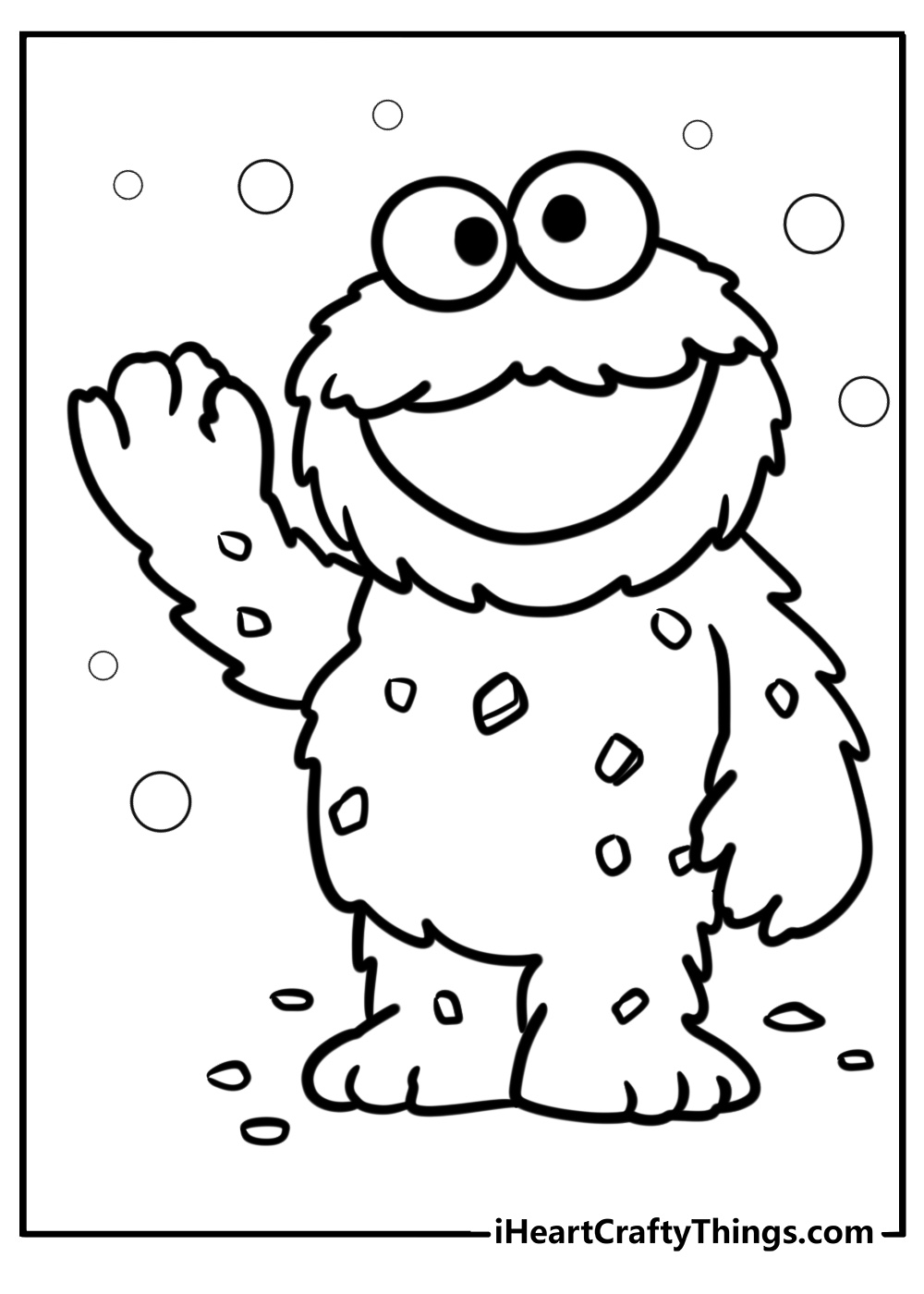 Cookie monster with cookie crumbs on his fur free coloring page pdf