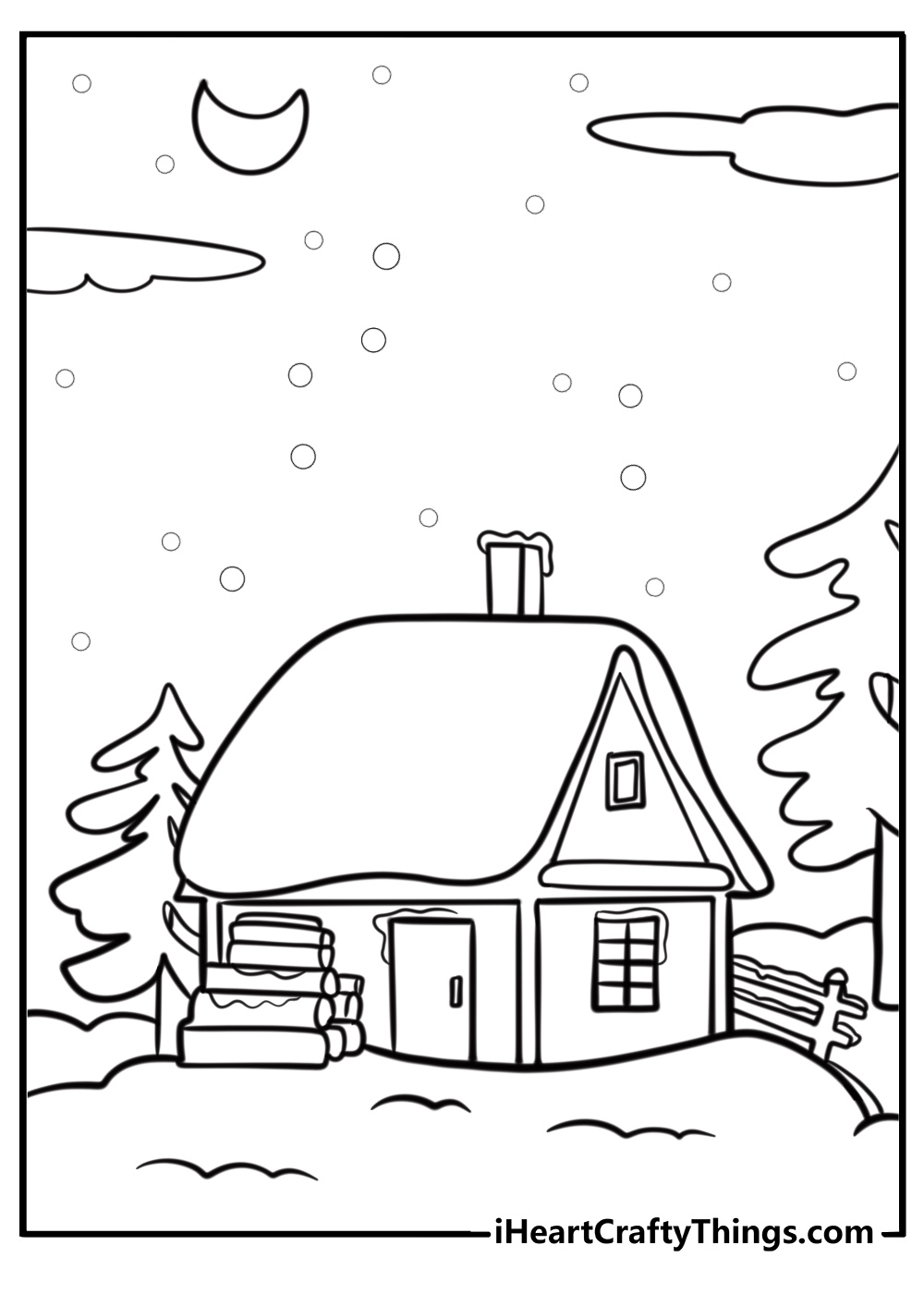 Cozy cabin in the snow free printable coloring page