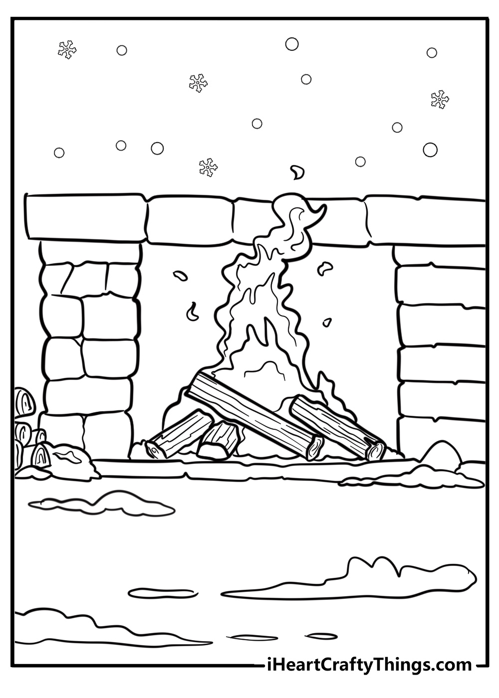 Cozy fireplace with snow outside printable coloring page