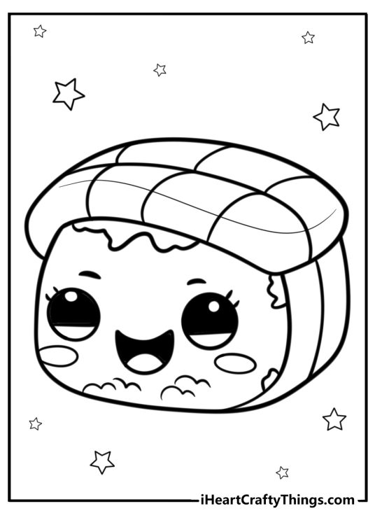 Cute cartoon sushi with smiley face detailed coloring sheet