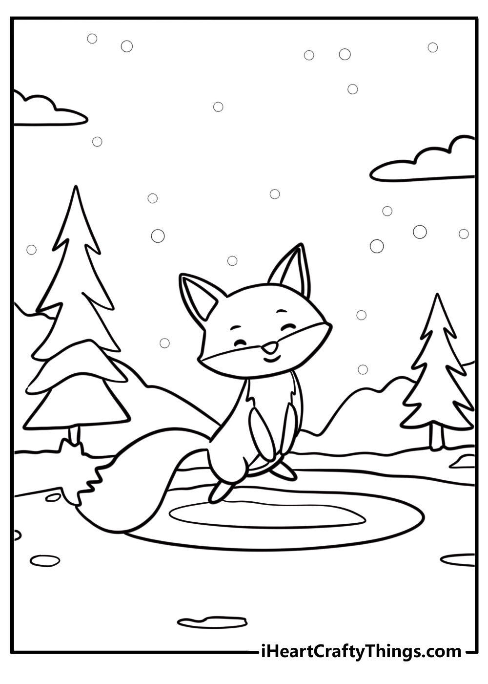 Cute fox in a snowy landscape printable coloring page