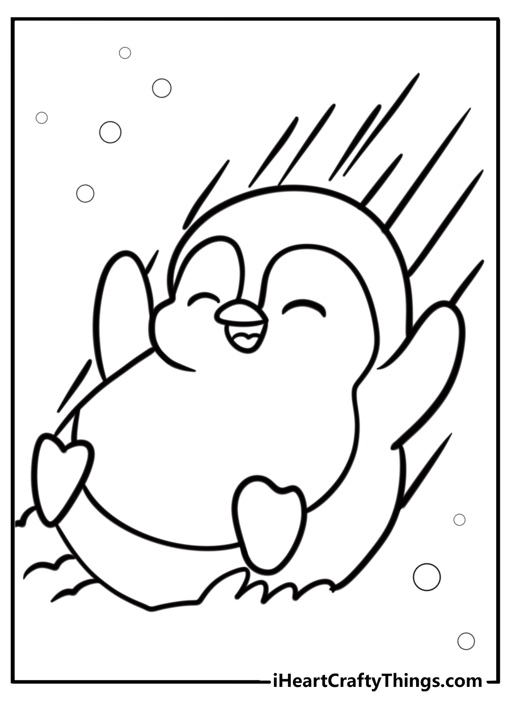 Cute penguin sliding on ice printable winter coloring sheet