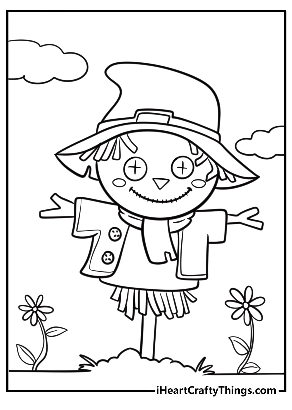 Cute scarecrow smiling in the garden coloring sheet