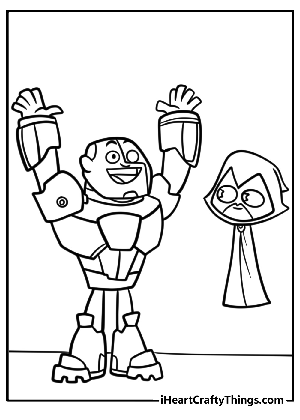 Cyborg and raven in a funny moment detailed coloring sheet