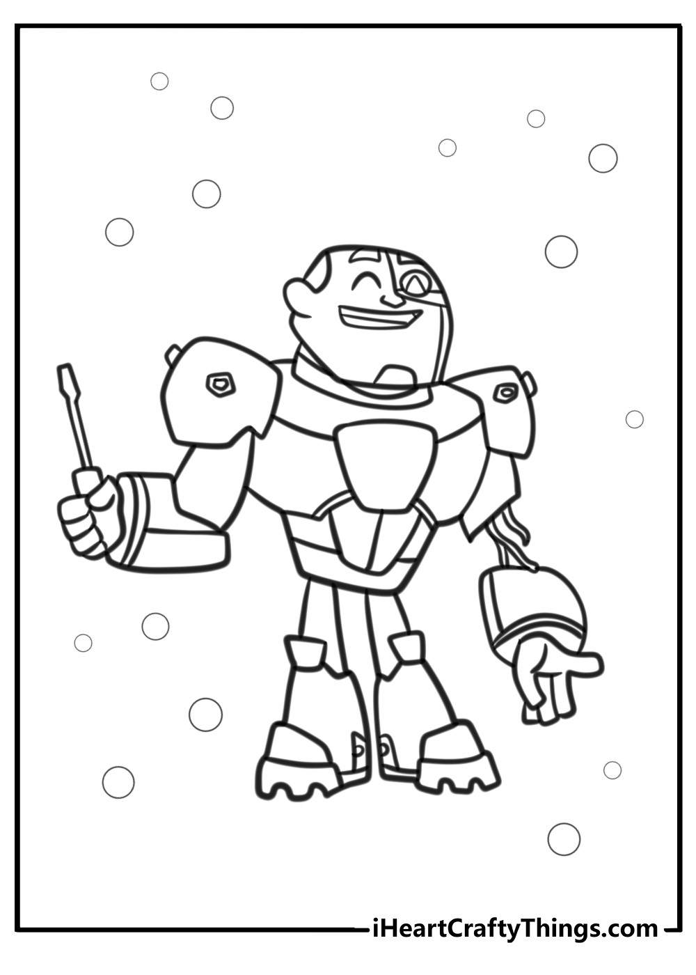 Cyborg fixing his robot parts detailed coloring sheet