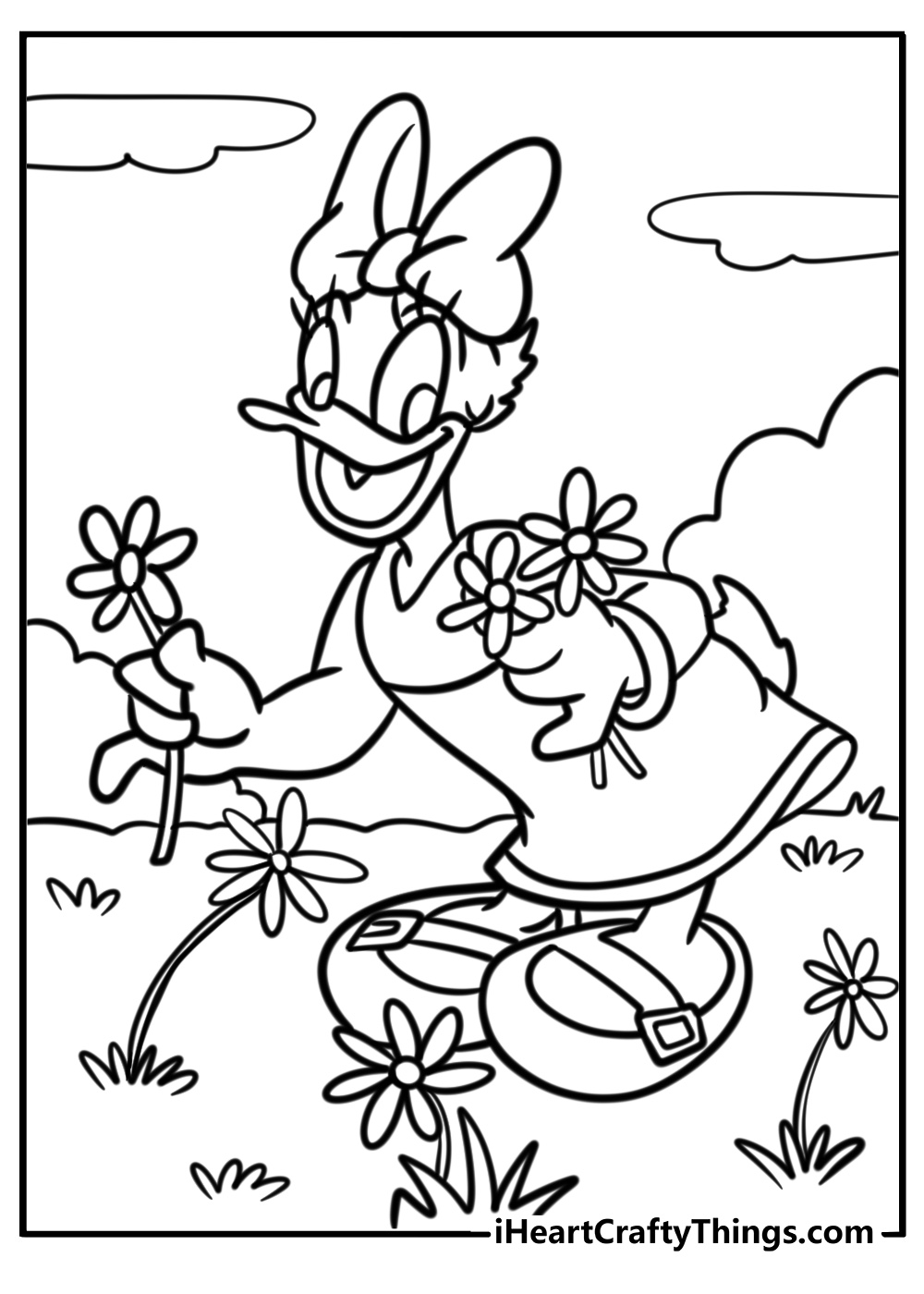 Daisy duck in a garden with flowers coloring page for kids