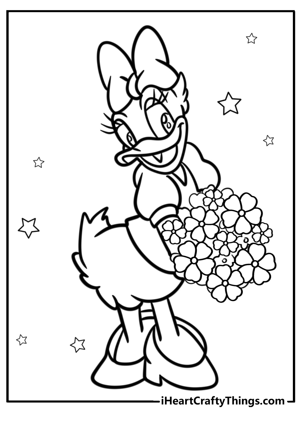 Daisy duck with a flower bouquet coloring page