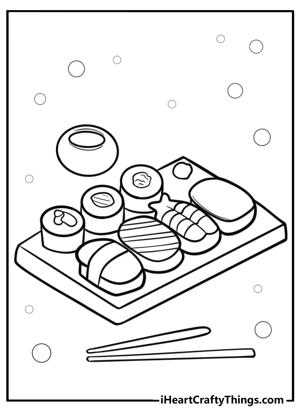 Detailed sushi platter with different types of rolls coloring sheet