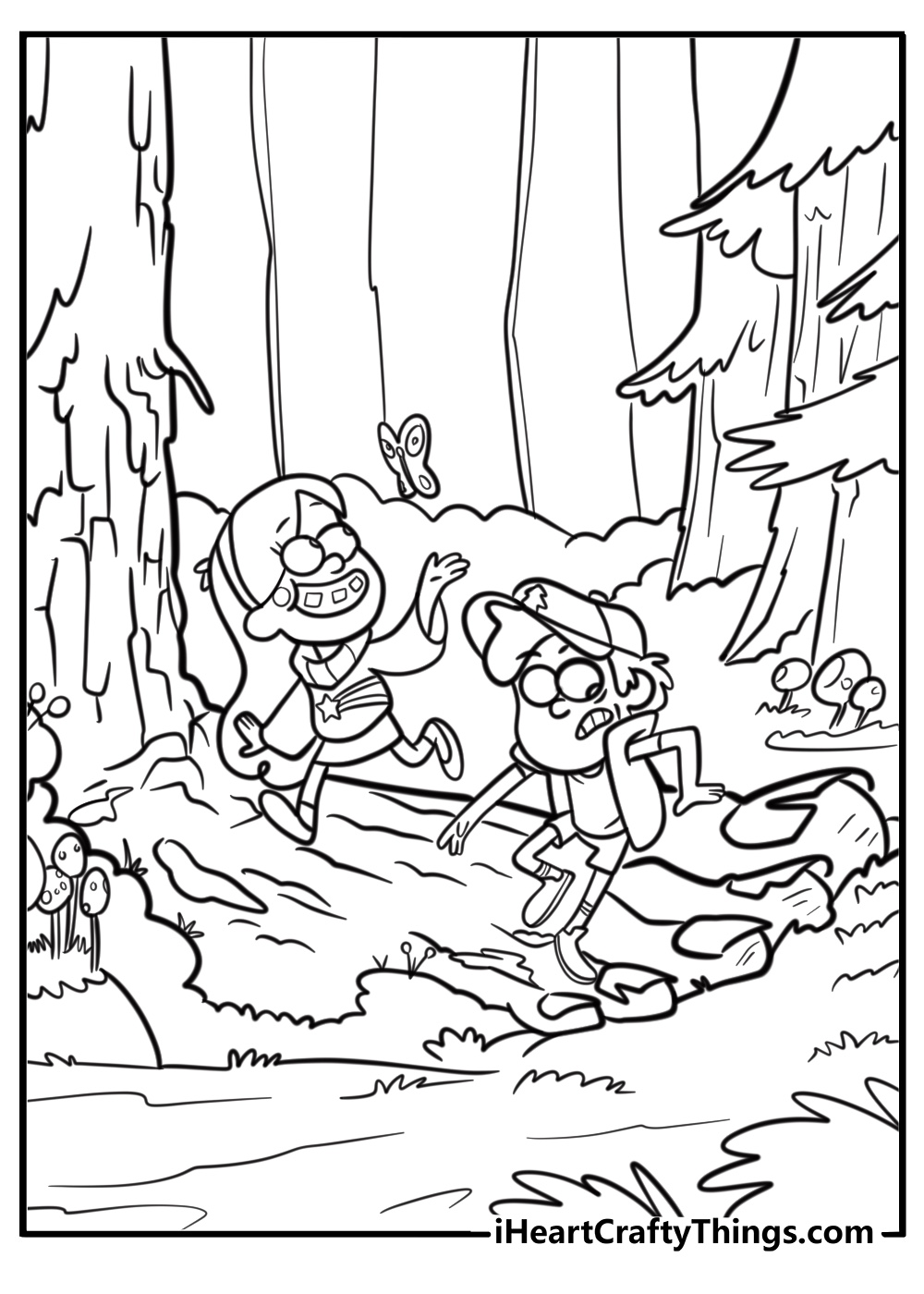 Dipper and mabel together in the forest fun printable coloring sheet