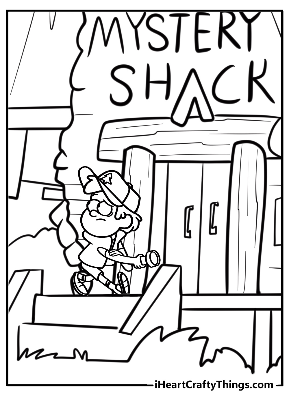 Dipper with a flashlight exploring the mystery shack coloring page