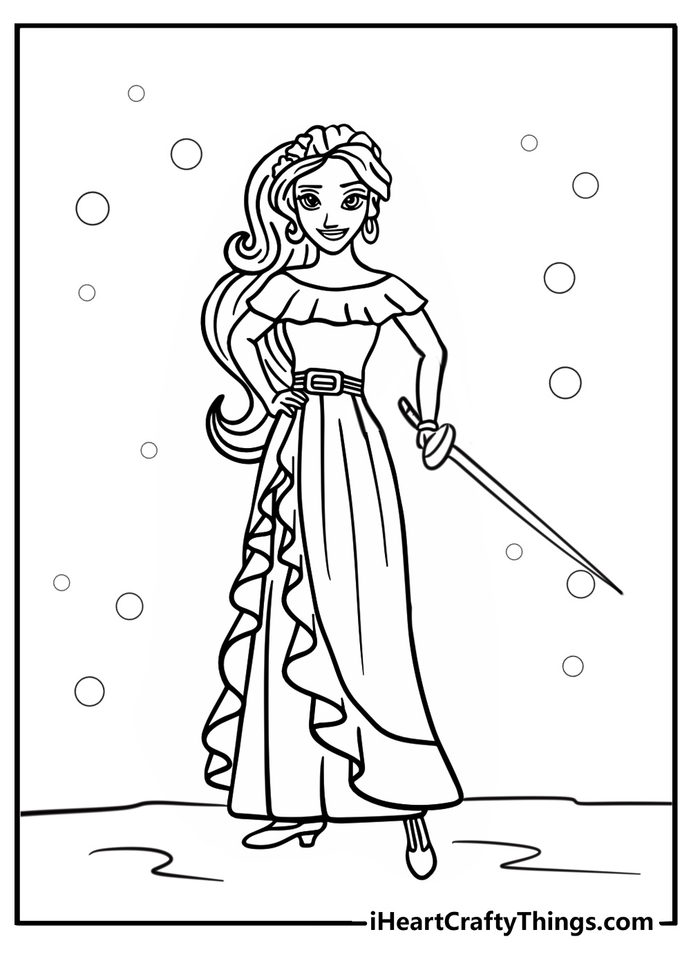 Elena holding her sword ready for adventure coloring page