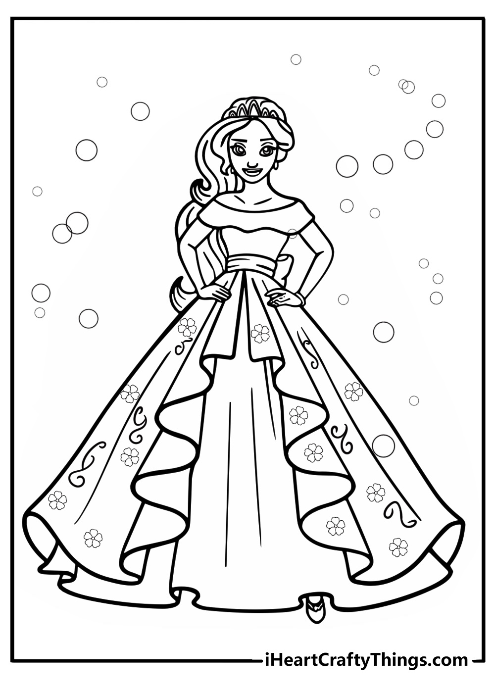 Elena in a beautiful dress with flowers coloring sheet