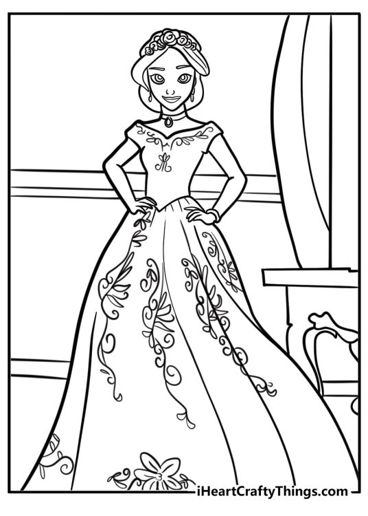 Elena of avalor standing in her castle coloring page for kids