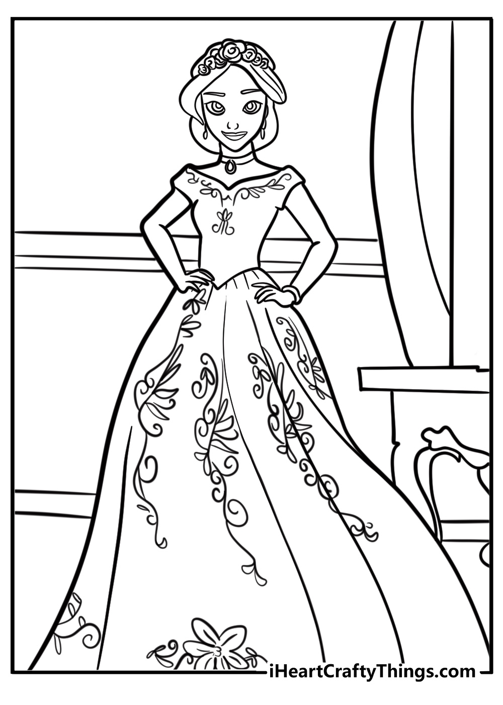 Elena of avalor standing in her castle coloring page for kids