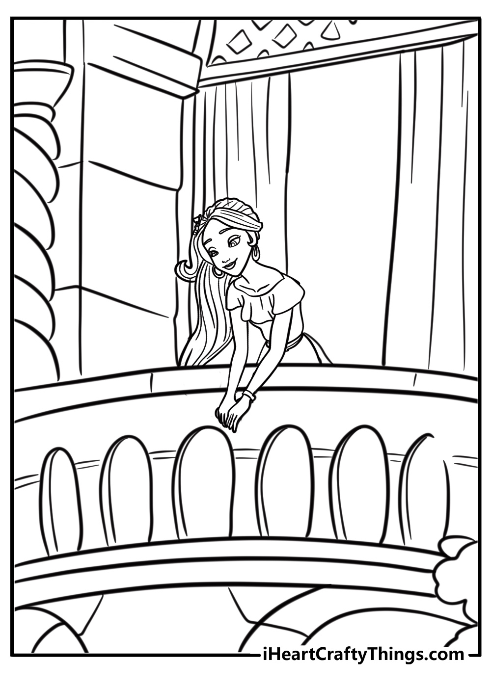 Elena of avalor standing on a balcony free coloring page