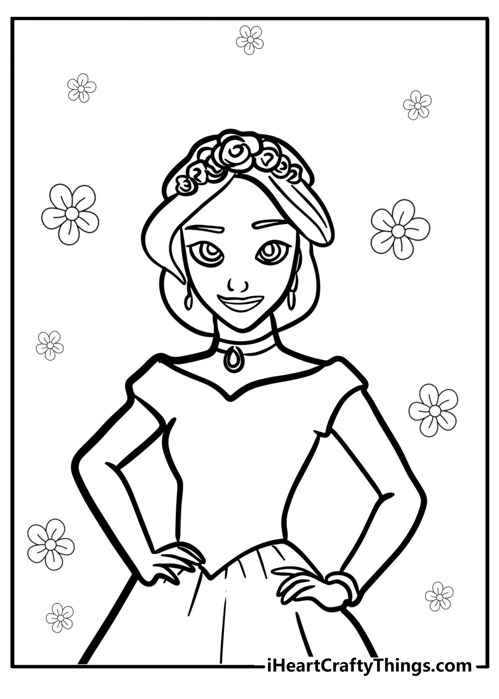 Elena wearing a flower crown coloring page