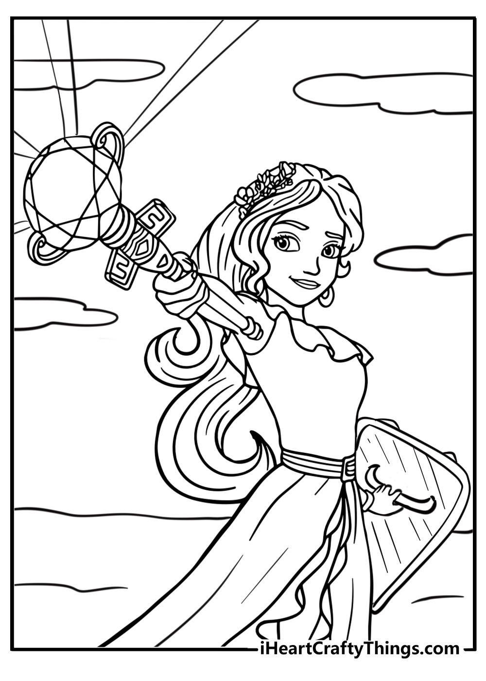 Elena with her scepter and shield coloring page for kids