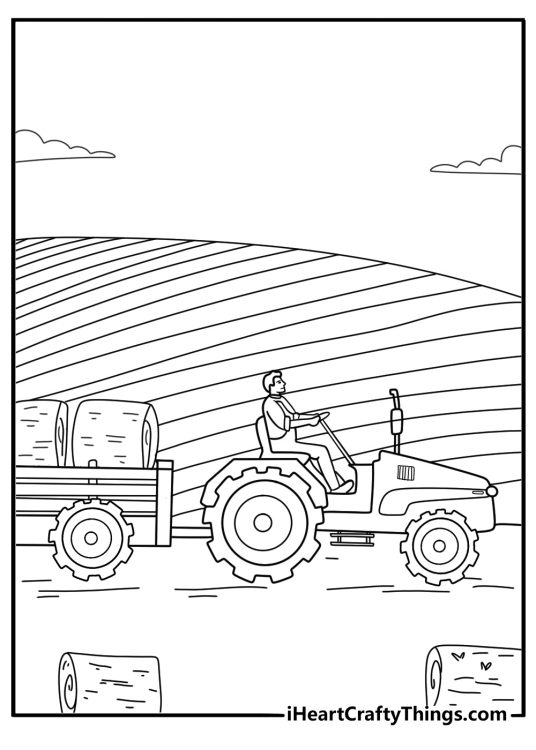 f is for farm coloring page with a tractor and hay bales