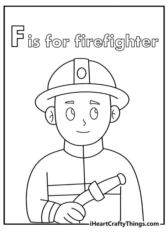 f is for fire fighter coloring page with a helmet and hose