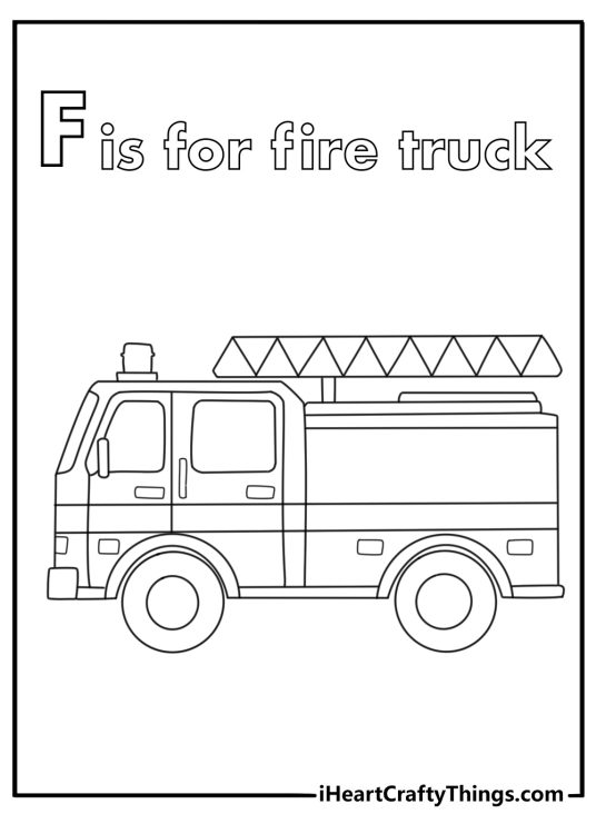 f is for fire truck coloring page with a ladder near the big letter F