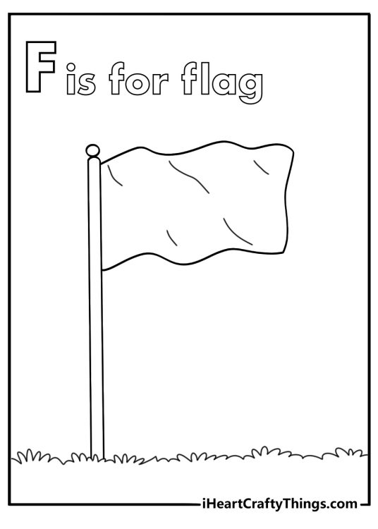 f is for flag coloring page with a flagpole on a grassy field