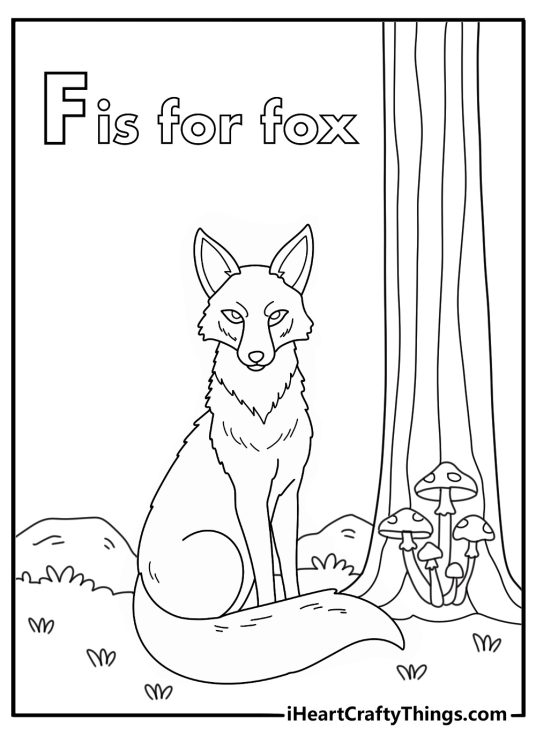 f is for fox coloring page with forest trees and mushrooms