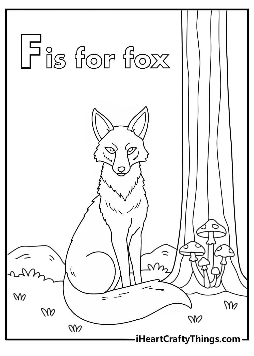 f is for fox coloring page with forest trees and mushrooms