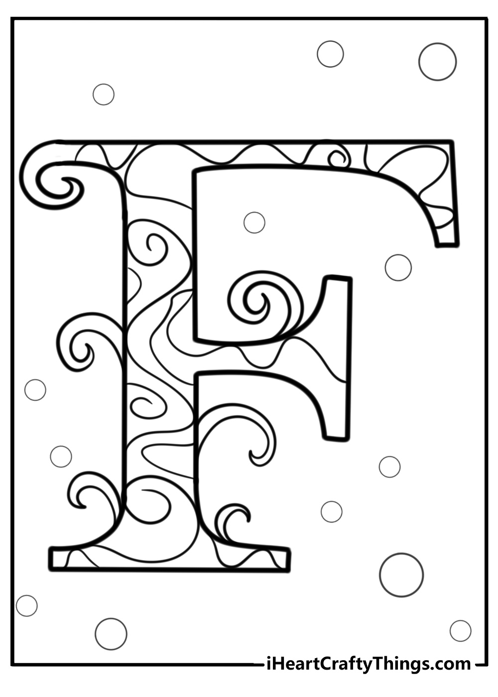 Fancy letter f with swirls detailed coloring sheet