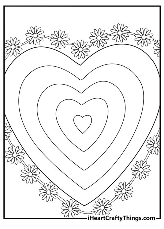 flower power daisy chain border with checker hearts preppy coloring page for adults printable pdf