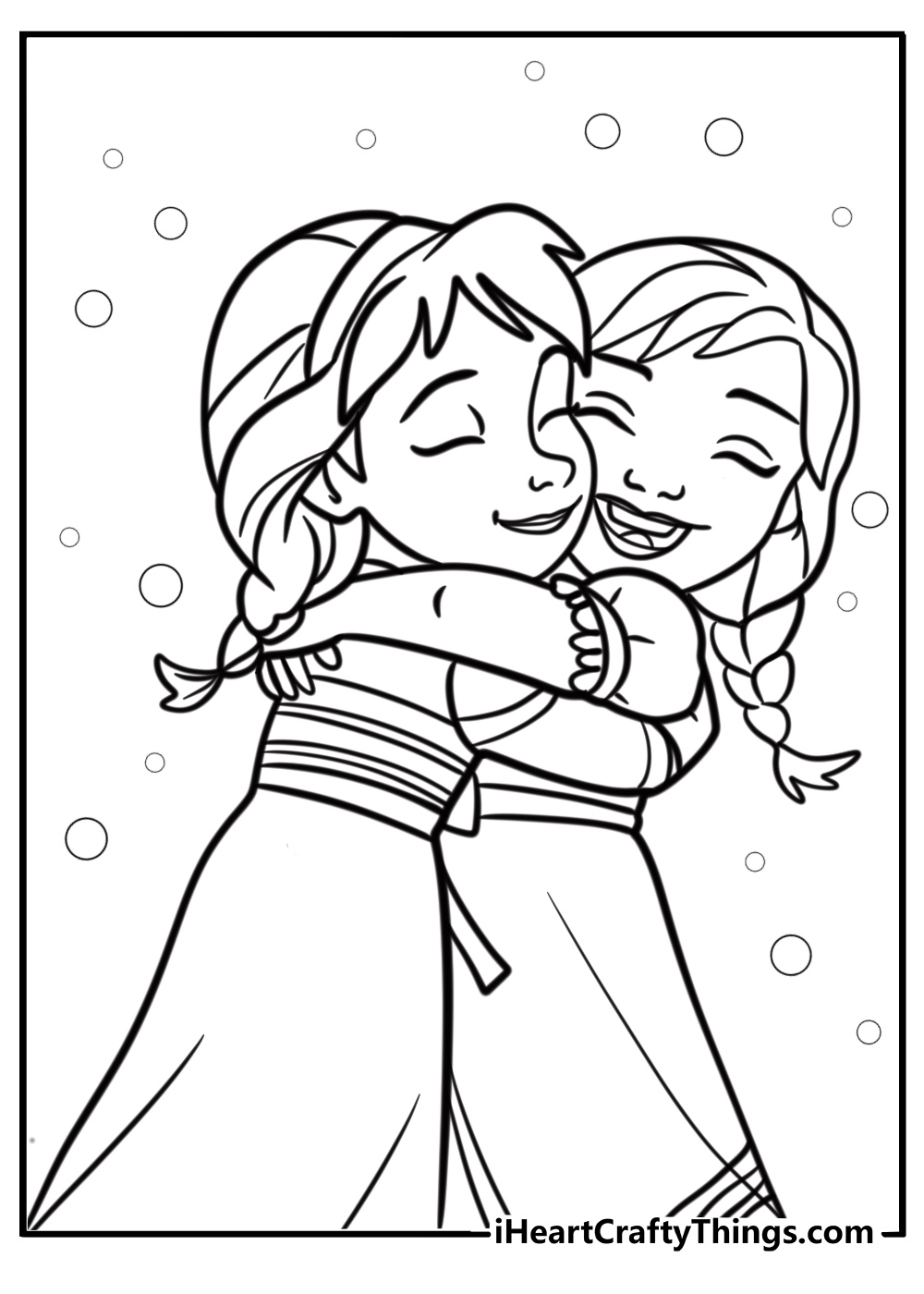 Frozen sisters Elsa and Anna hugging coloring page