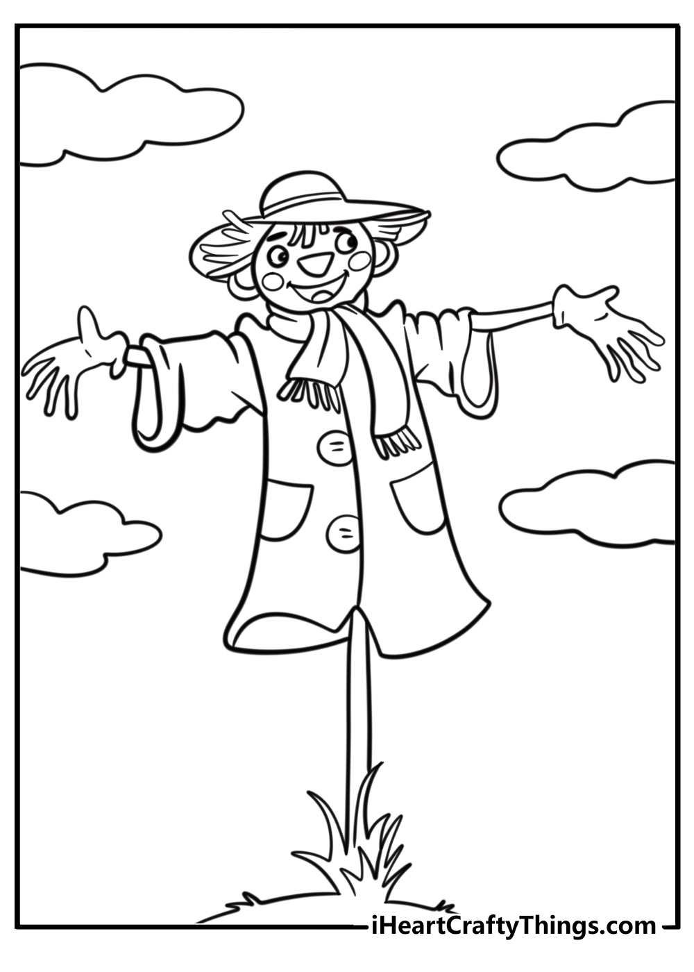 Funny scarecrow with floppy arms fun coloring sheet