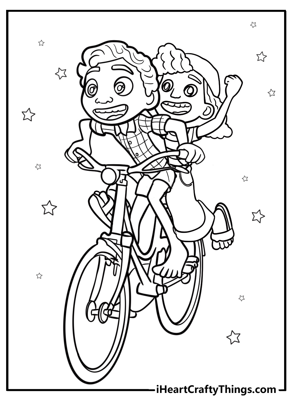 Giulia and luca racing on a bike printable coloring page