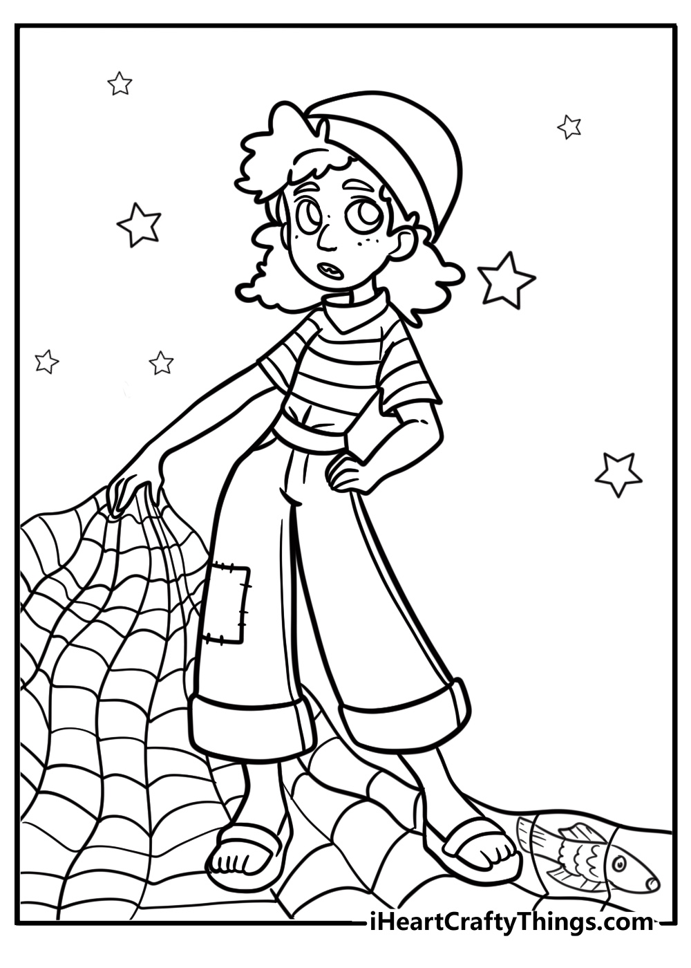 Giulia holding a fishing net fun printable coloring sheet