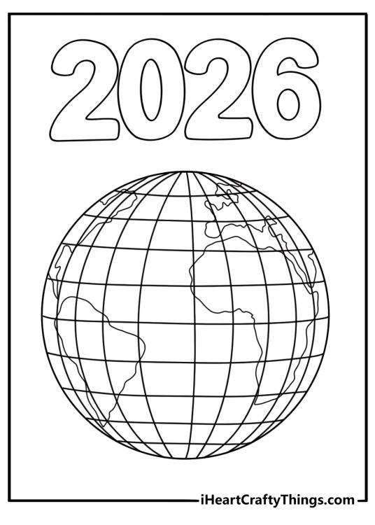 globe with time zones and large 2026 text around the world new year coloring page free download printable