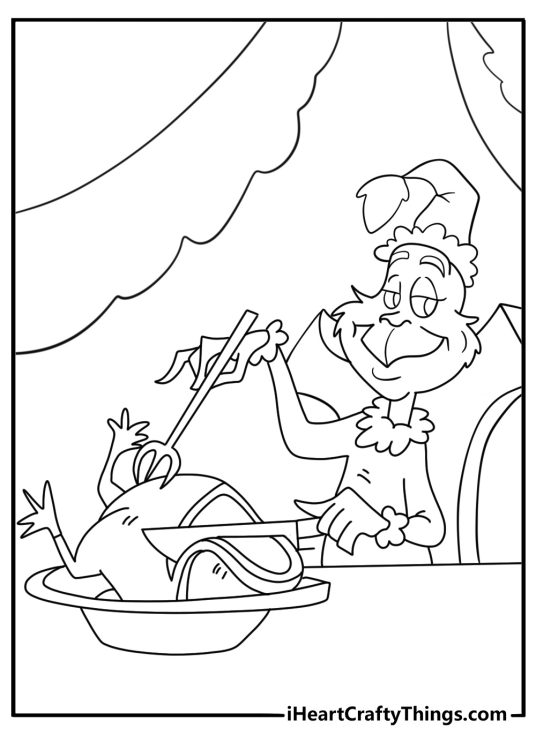 grinch carving the roast beast at a table cute christmas coloring page printable pdf