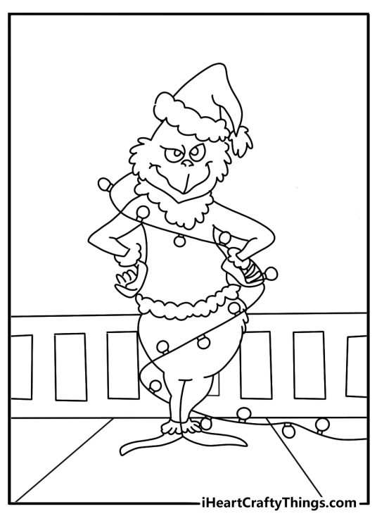 grinch fixing tangled christmas lights on the roof easy coloring page download