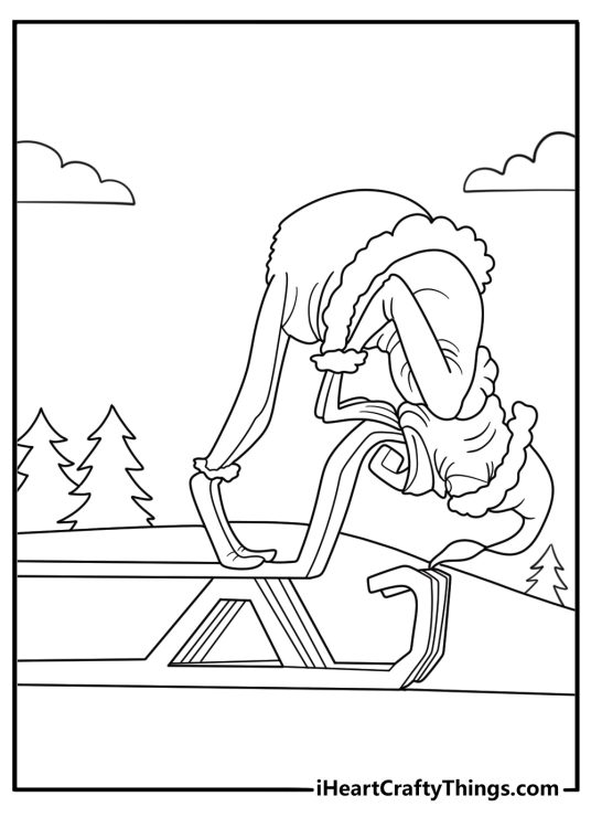grinch repairing his sleigh with a wrench printable coloring page download
