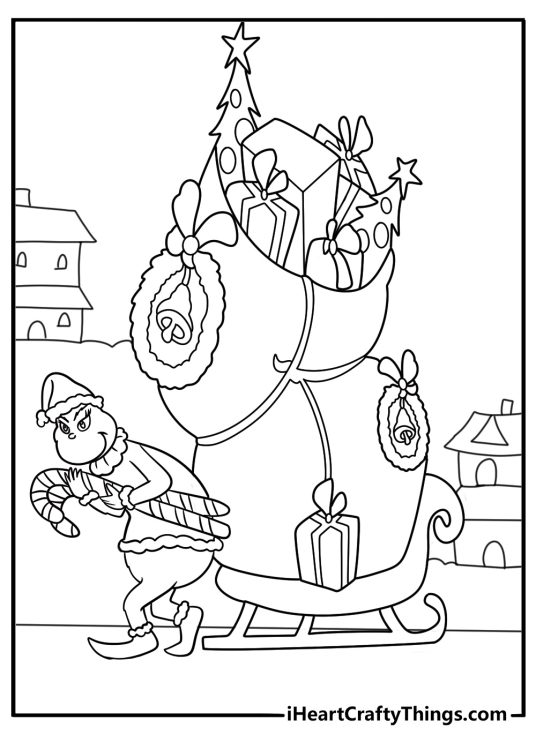 grinch returning gifts in a hand cart through whoville detailed coloring sheet pdf