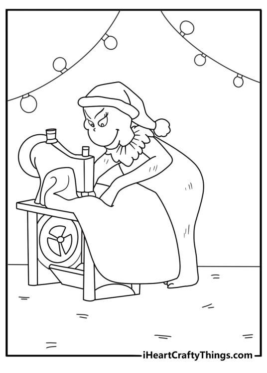 grinch sewing a santa costume coloring sheet for kids pdf