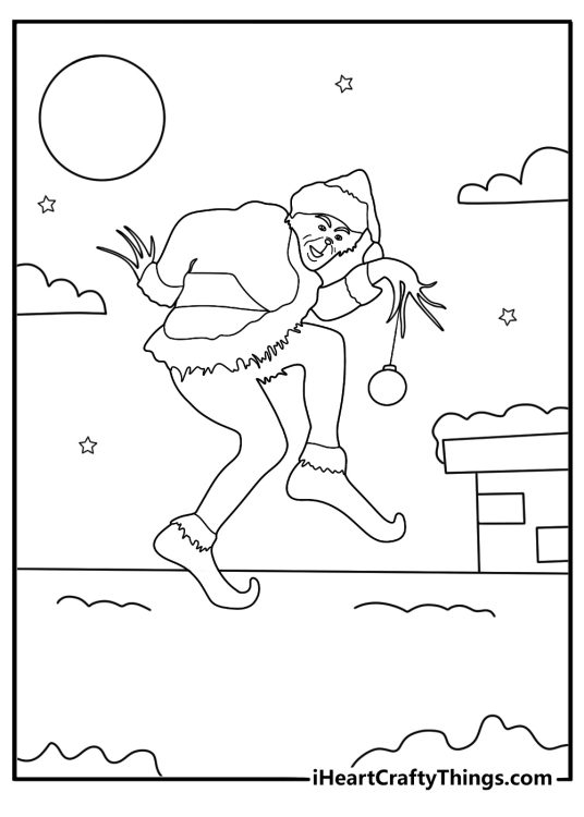 grinch tiptoeing across a snowy rooftop simple coloring sheet pdf