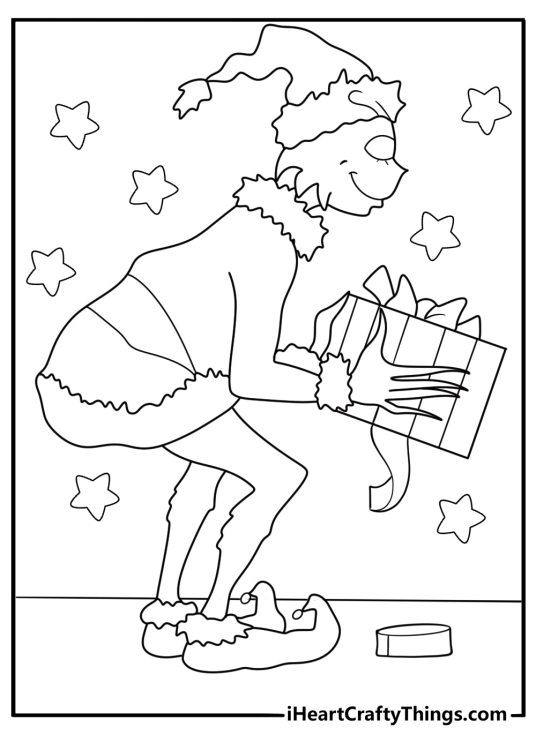 grinch wrapping a present with tape detailed printable coloring page for adults