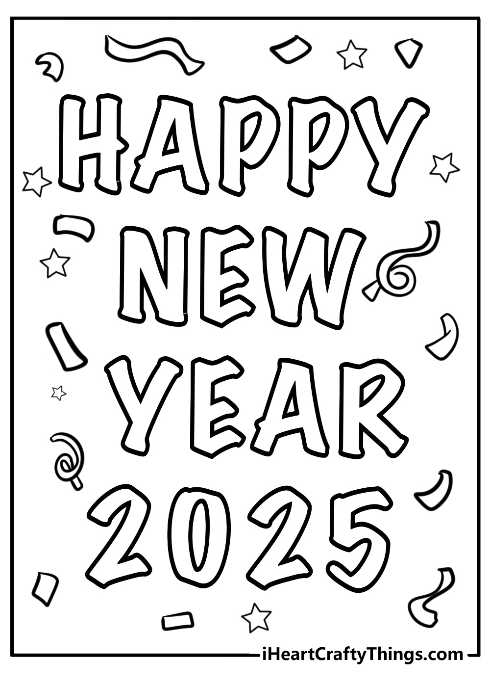 Happy new year 2025 poster with confetti fun coloring sheet