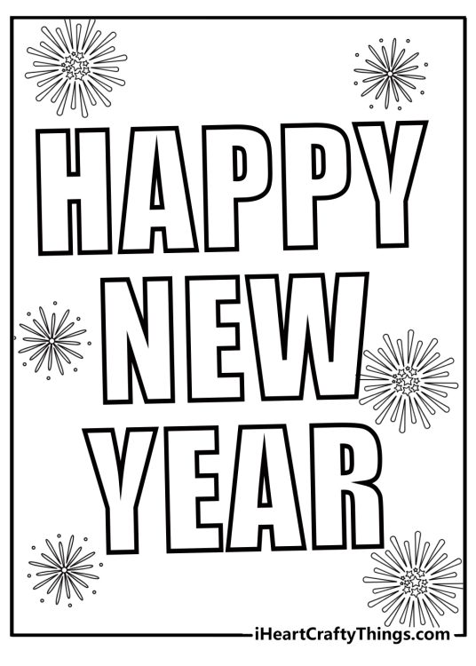 Happy new year poster with bold letters coloring page for kids
