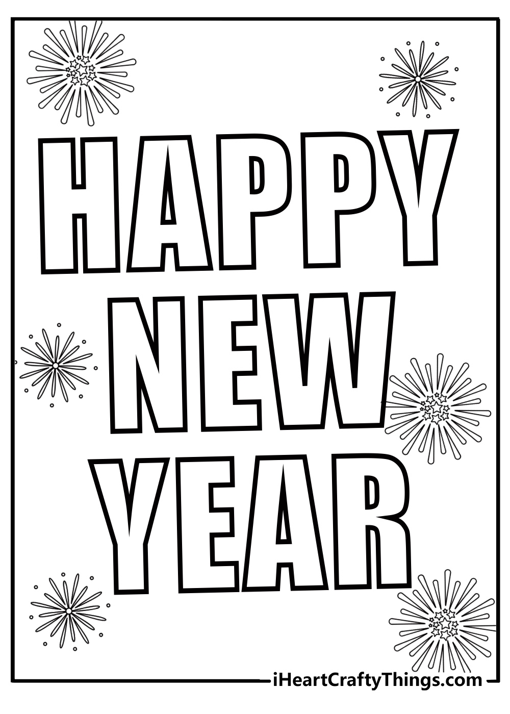 Happy new year poster with bold letters coloring page for kids