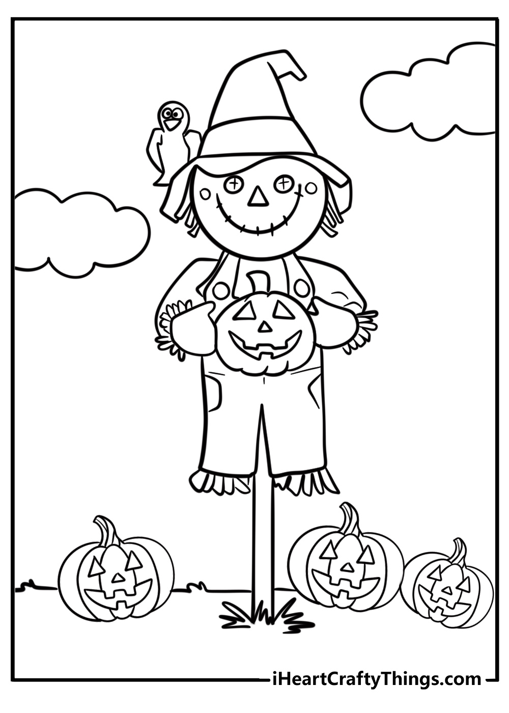 Happy scarecrow holding a pumpkin fun coloring sheet